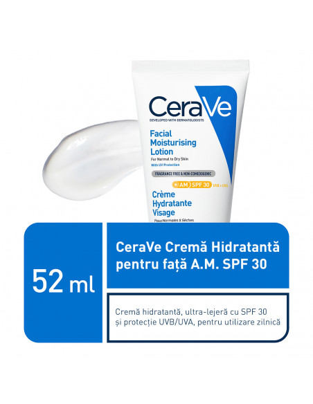 CeraVe Cremă Hidratantă pentru Față A.M. SPF 30, ten normal-uscat, 52ml