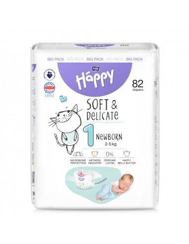 Happy scutece big new born nr 1. (2-5kg), 82 bucati, BELLA ROMANIA IMPEX SRL