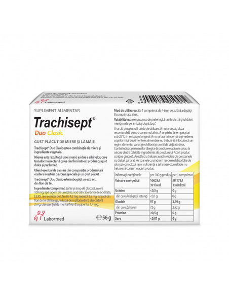 Trachisept duo clasic cu miere si lamaie, 16 comprimate, Labormed Pharma Trading
