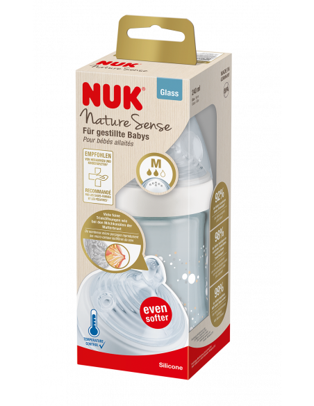Biberon din sticla cu tetina din silicon marimea M Nature Sense, Alb, 240ml, NUK BABY PRODUCT GmbH