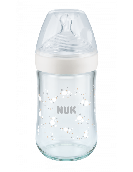 Biberon din sticla cu tetina din silicon marimea M Nature Sense, Alb, 240ml, NUK BABY PRODUCT GmbH