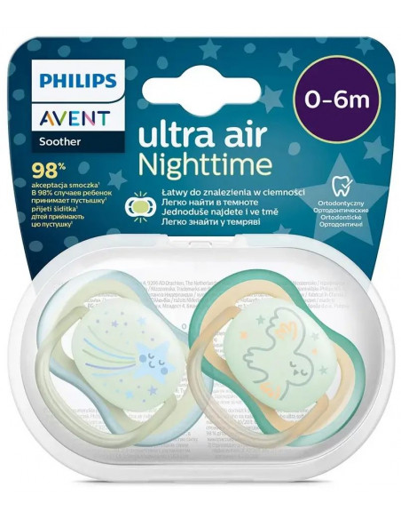 Set 2 suzete ultra air verde fosforescent, 0-6 luni, Philips Avent