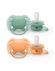 Set 2 suzete ultra soft verde/portocaliu, 0-6 luni,...