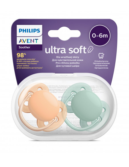 Set 2 suzete ultra soft verde/portocaliu, 0-6 luni, Philips Avent