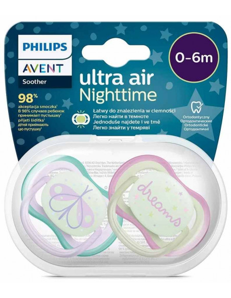 Set 2 suzete ultra air roz fosforescent, 0-6 luni, Philips Avent