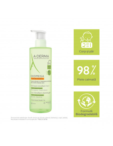 A-Derma Exomega control gel spumant 2 in 1, 500 ml, LAB. PIERRE FABRE FRANTA