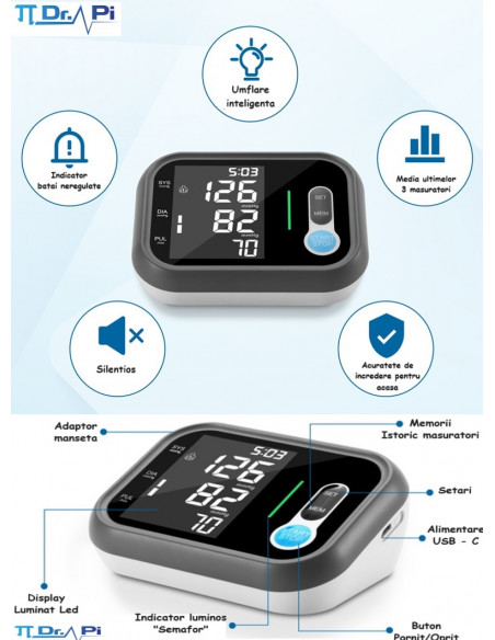 Tensiometru automat de brat cu adaptor RJA00, Dr. Pi