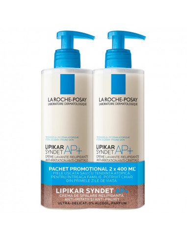 Pachet crema de curatare pentru piele cu tendinta atopica Lipikar Syndet AP+, 400 ml + 400 ml, La Roche Posay