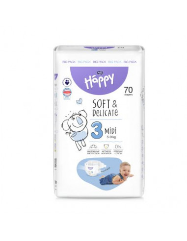 Happy scutece big midi nr. 3 (5-9kg), 70 bucati, BELLA ROMANIA IMPEX SRL