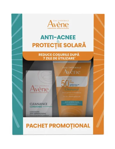 Pachet Avene Cleanance – Concentrat anti-imperfecțiuni Comedomed 30 ml + Cremă SPF 50+ Cleanance Triasorb 50 ml