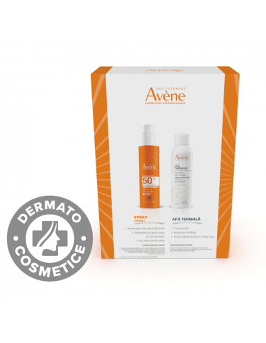 Pachet Avène – Spray protecție solară SPF 50 (200 ml) + Apă termală spray (150 ml)