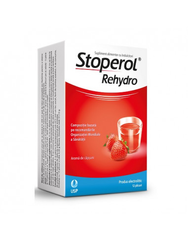Stoperol Rehydro – Soluție de rehidratare orală, 12 plicuri (aromă căpșuni)