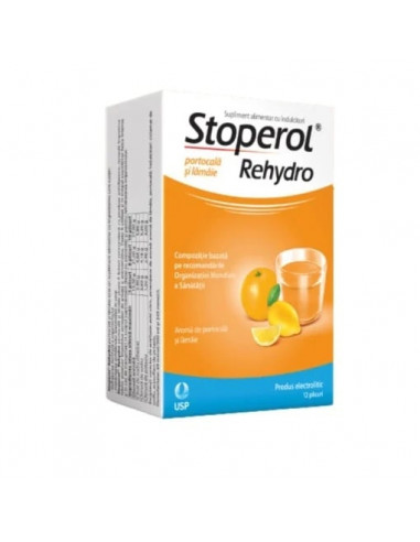 Stoperol Rehydro – Soluție de rehidratare orală, aromă portocale & lămâie, 12 plicuri