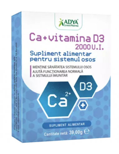 Calciu + Vitamina D3 – 30 comprimate masticabile Adya Green Pharma