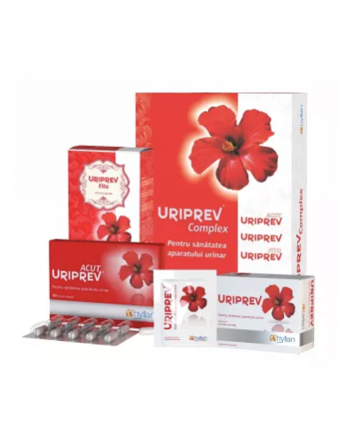 Uriprev Complex – Uriprev + Uriprev Acut + Uriprev Fito (10 capsule + 12 plicuri + 80 g ceai) – Hyllan