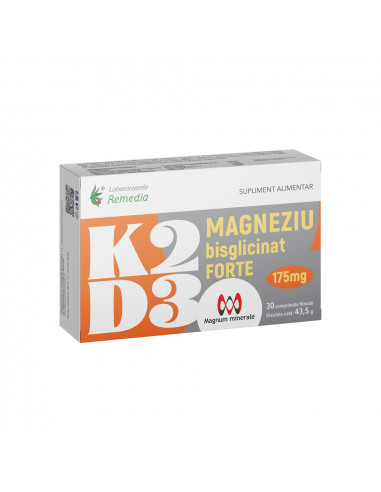 K2 + D3 + Magneziu Bisglicinat Forte 175 mg, 30 comprimate filmate