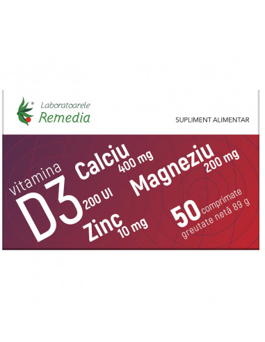 Calciu + Magneziu + Zinc + D3 – 50 comprimate, Remedia