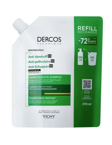 Vichy Dercos Anti-Dandruff DS Shampoo – Refill 390 ml (pentru părul uscat și scalp sensibil)