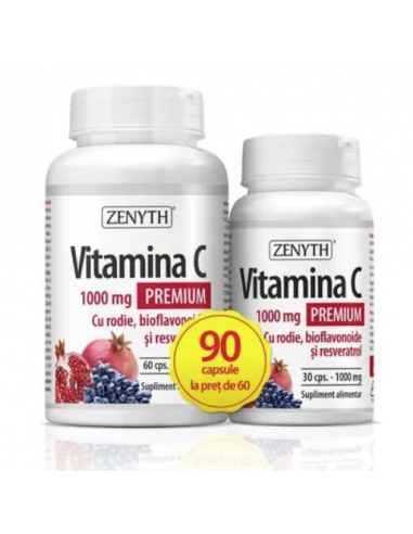 Vitamina C Premium cu rodie + bioflavonoide & resveratrol – 60 + 30 capsule