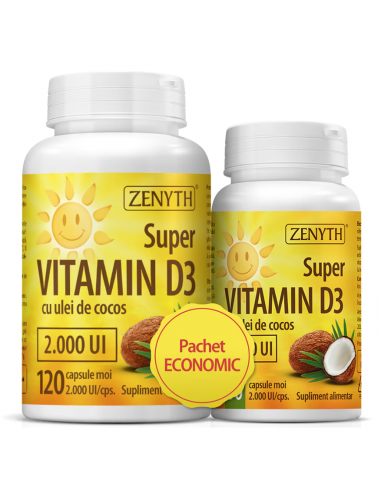 Pachet Super Vitamina D3 cu ulei de cocos 2000 UI – 120 + 30 capsule