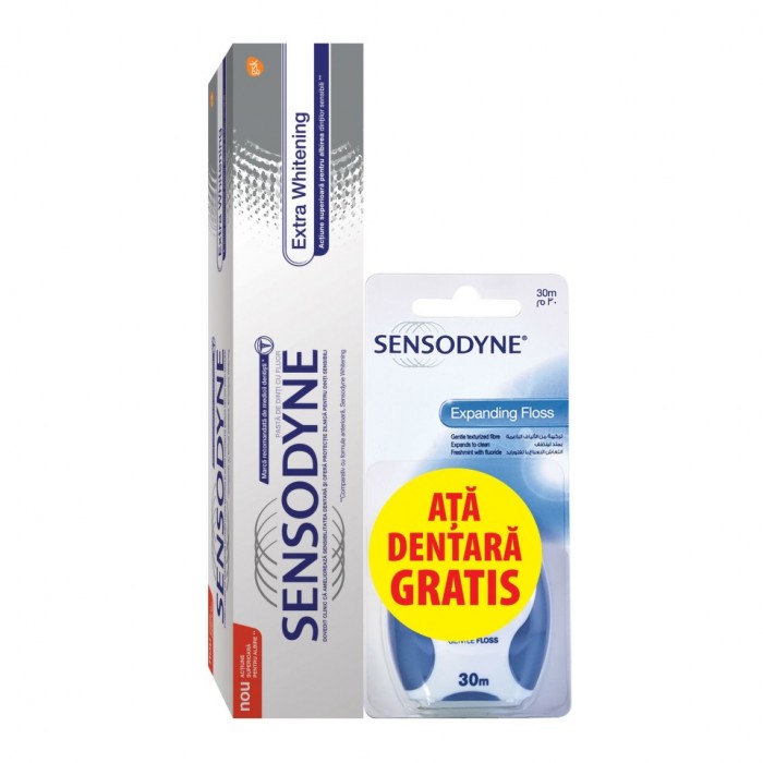 Sensodyne Pachet Extra Whitening pastă de dinți 100 ml + Ață dentară Expanding Floss 30 m