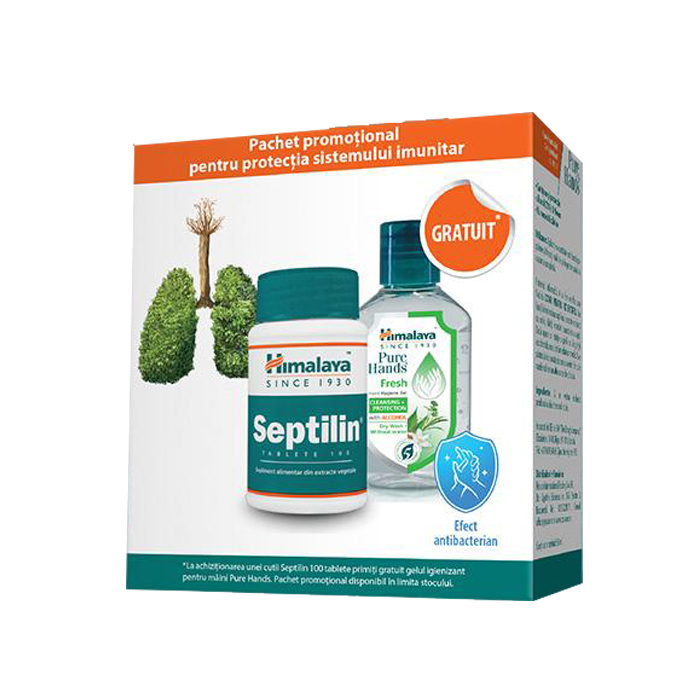 Pachet Septilin, 100 de comprimate  Gel igienizant Pure hands, 50 de ml, Himalaya