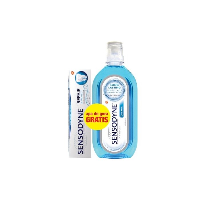 Pachet pasta de dinti Sensodyne Repair and protect Whitening, 75ml,  Apa de gura Sensodyne Coolmint, 500 ml, Glaxo