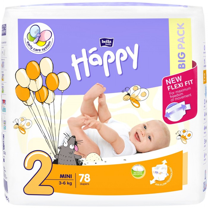 Scutece Happy Big Mini Nr.2 (3-6KG) x 78 Buc