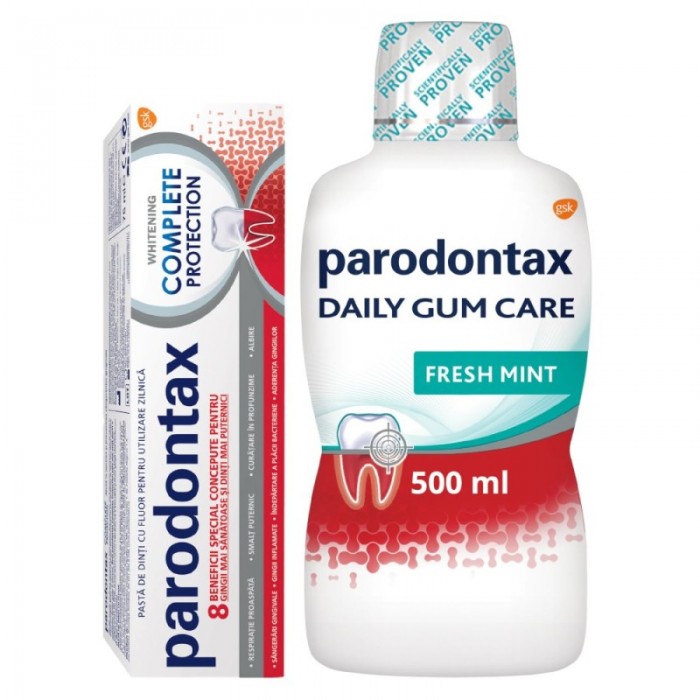 Parodontax pasta dinti complete protection whitening x75mlapa de gura daily gum care fresh mint 500ml