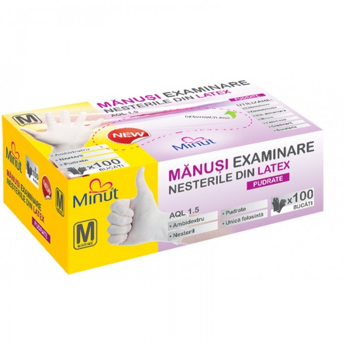 Manusi pentru examinare din latex marime M, 100 de bucati/cutie, Minut