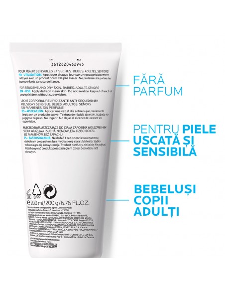 Lipikar Lapte De Corp Relipidant Anti-Uscaciune Cu Efect De Hidratare De 48 De Ore, 200Ml, La Roche-Posay