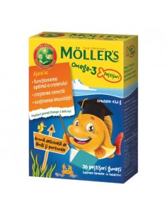 Moller's Omega-3 Gummy Fish, 36 jeleuri, aromă lămâie &...