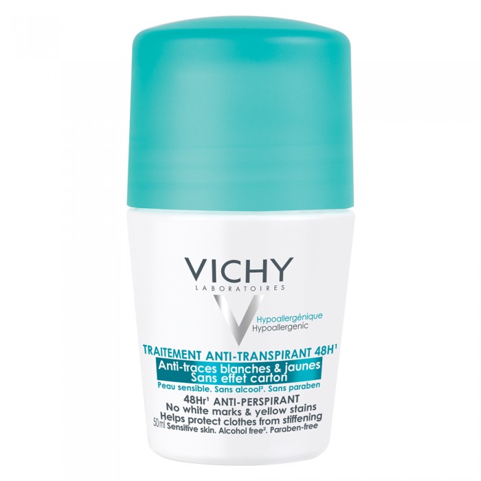 Deo Deodorant Roll-On, Tratament Antiperspirant Anti-Urme Albe Sau Galbene , Eficacitate 48H, 50Ml , Vichy