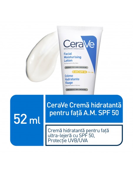 Cerave Crema Hidratanta Pentru Fata A.M. Spf 50, Ten Normal-Uscat, 52 ml, LA ROCHE-POSAY LABORAT FRANCE