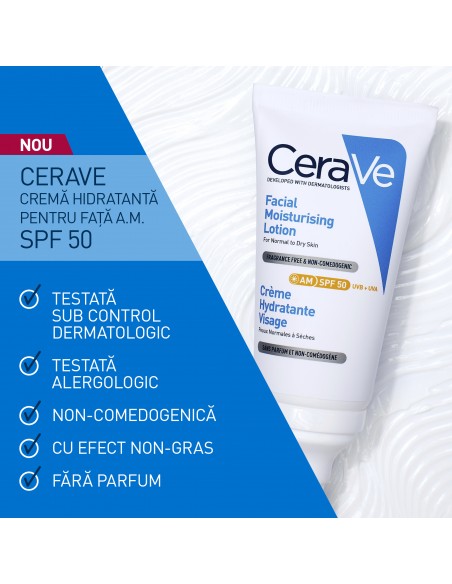 Cerave Crema Hidratanta Pentru Fata A.M. Spf 50, Ten Normal-Uscat, 52 ml, LA ROCHE-POSAY LABORAT FRANCE