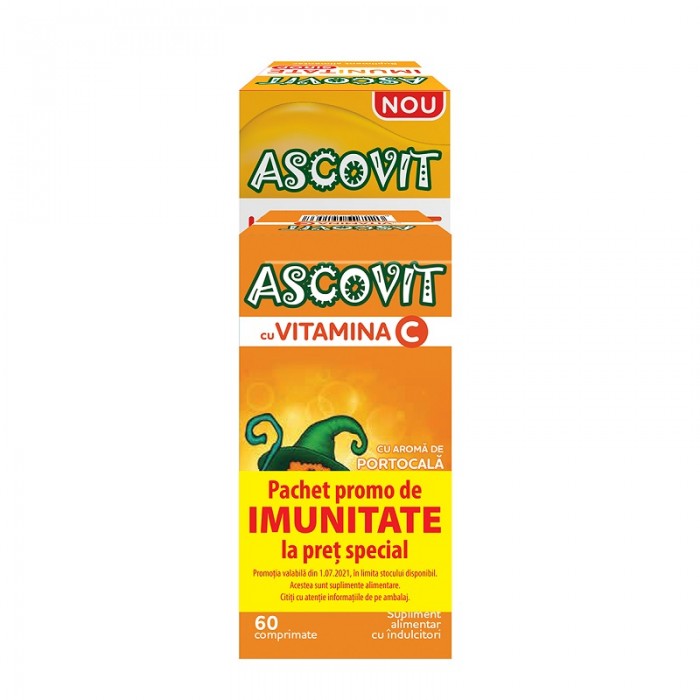Pachet sirop Ascovit Imunitate, 150 ml  Ascovit 100mg, aroma de portocale, 60 de comprimate, Omega Pharma